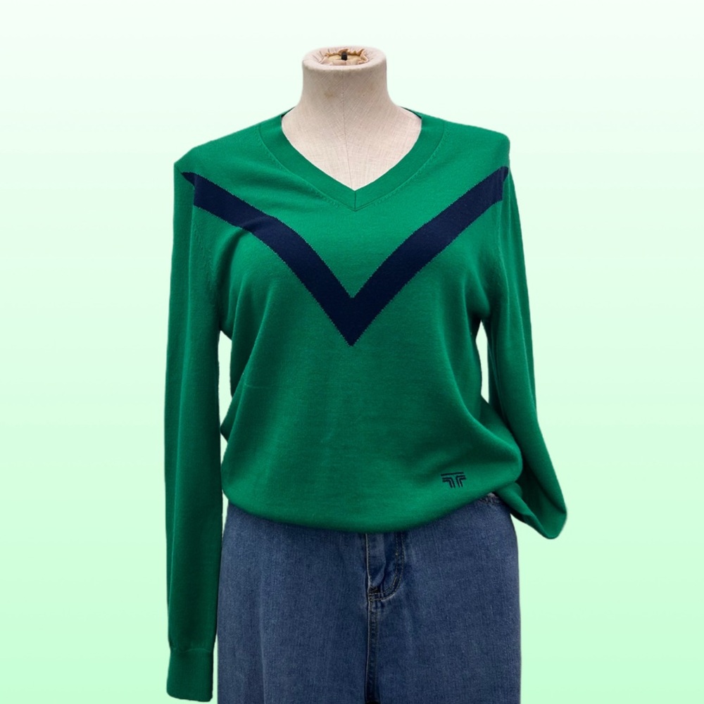 Green Tory Sport Merino Wool Sweater with Blue Chevron Size S Lightweight Layer